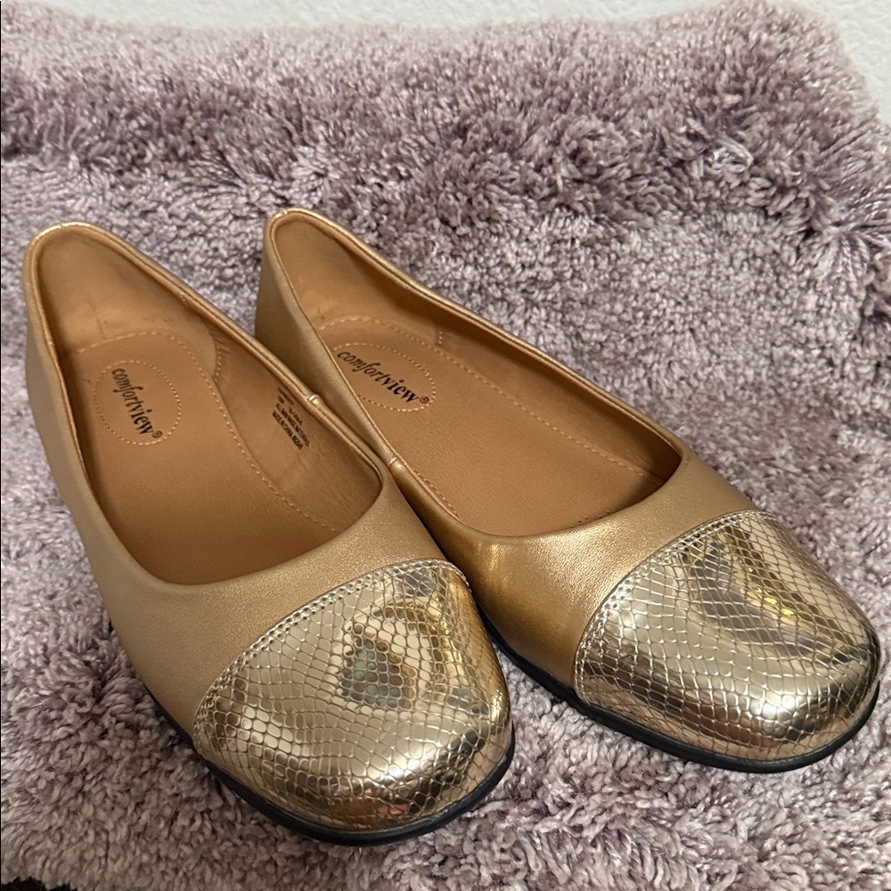 Gold Ballet Flats with Metallic Toe